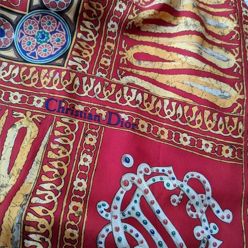 DIOR Vintage Red, Gold & Blue Silk Scarf - Intricate Hand Rolled Edges 90 Square